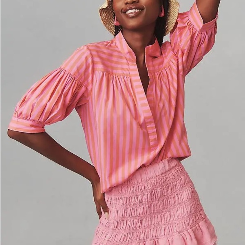 Anthropologie Pink & Red Striped The Darcey Popover Swing Top | XS